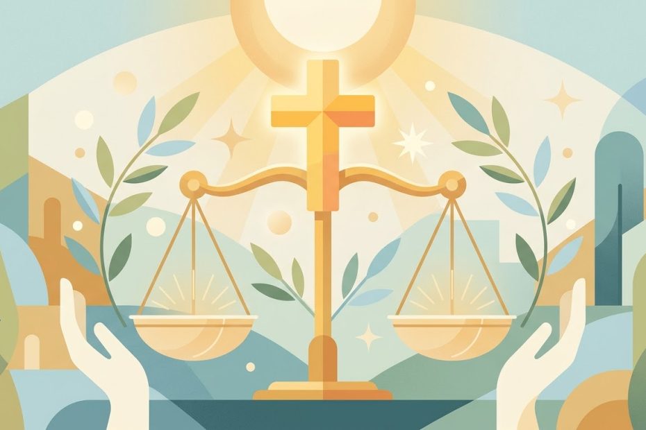 Premier Jour : La Justice Divine - une balance équilibrée surmontée d'une croix baignée dans une lumière chaude et juste